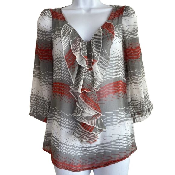 Banana Republic Womens Sheer Chiffon Blouse W/ Ruffle Front V-Neck 3/4 Sleeve M - Picture 1 of 5
